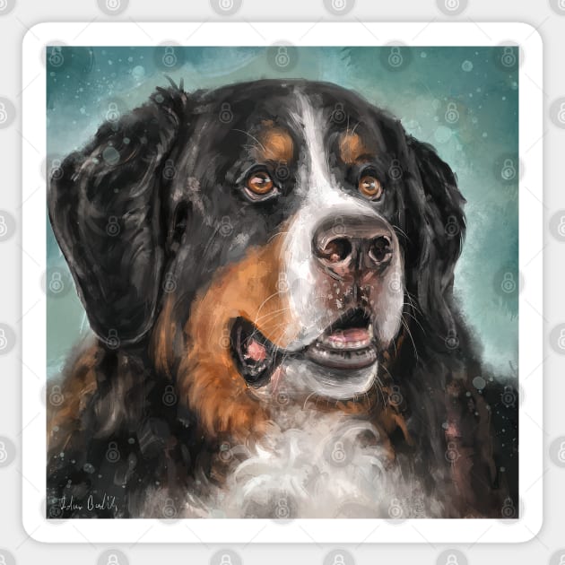 Painting of a Bernese Mountain Dog, on Dark Turquoise Background Sticker by ibadishi